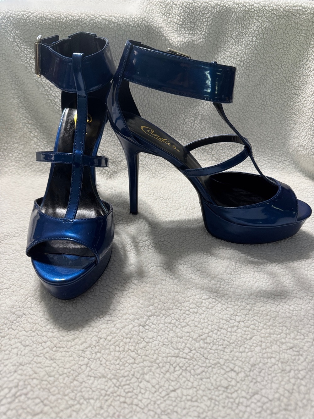 Candie's Patent Navy Platform T-Strap Heels